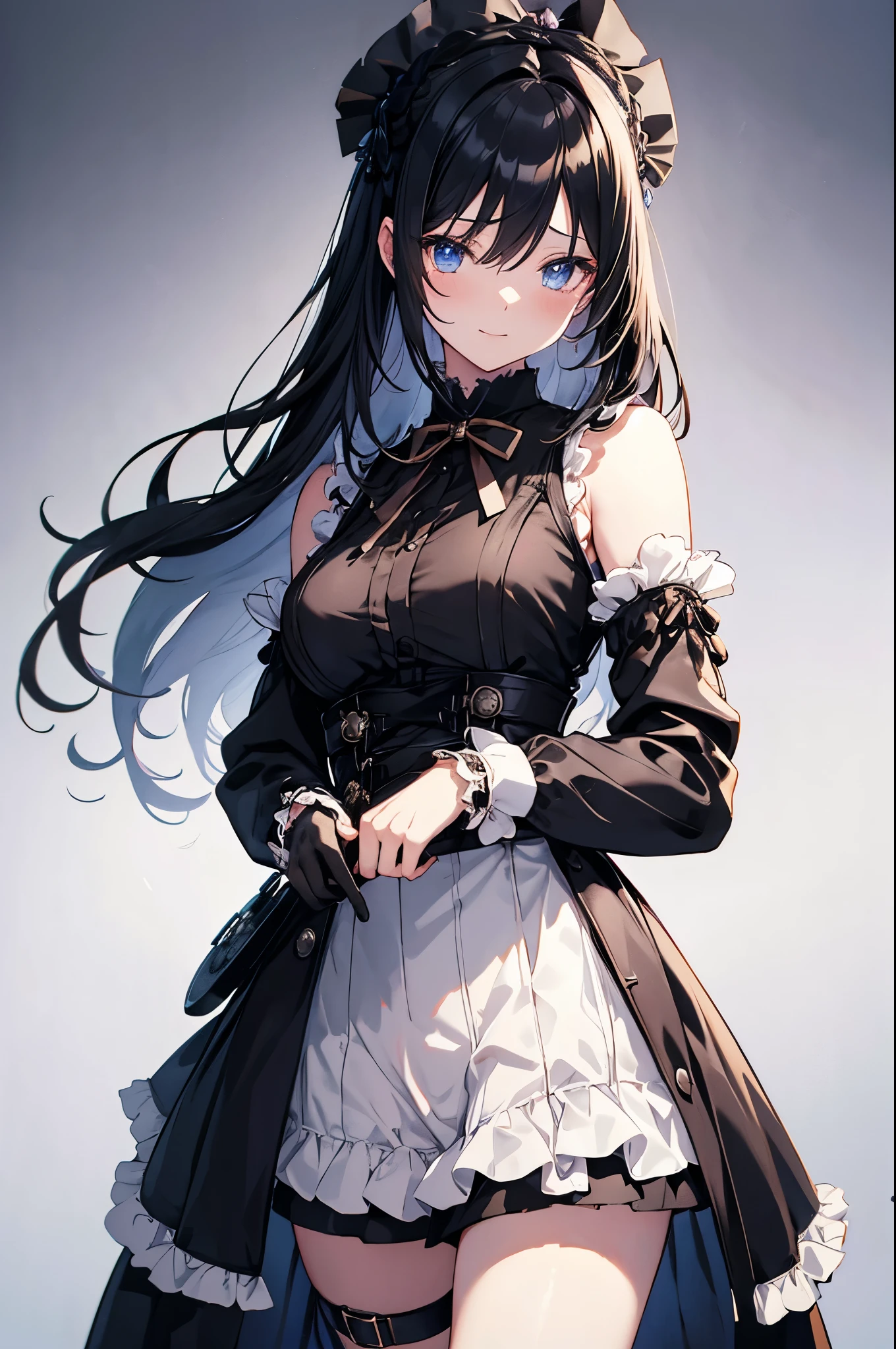 maid, Taisho steampunk, Close-up of girl, sideboob, eyelashes, bound, slim and long, 1 girl, Fluttering long hair, parted bangs, detailed black hair, colored inner hair, cold smile, jitome, outh hold, small Breasts, pale blue eyes, white skin, big top sleeves, piercing, chains, transparent raincoatblack gloves, summer long skirt, knee boots, black background Clothes, many floating firearms, wallpaper 8k CG