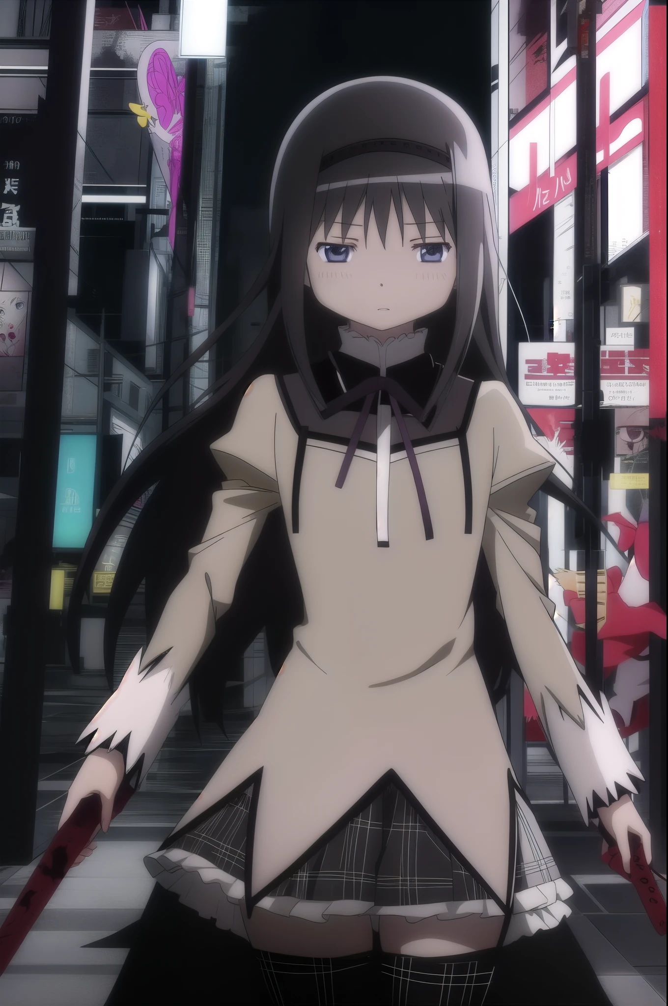 homura akemi,madoka magika,yandere,garota de anime,cabelo preto,olhos roxos,Red loop,gothic,noir, yandere grimdark, estilo anime, filme rebellion