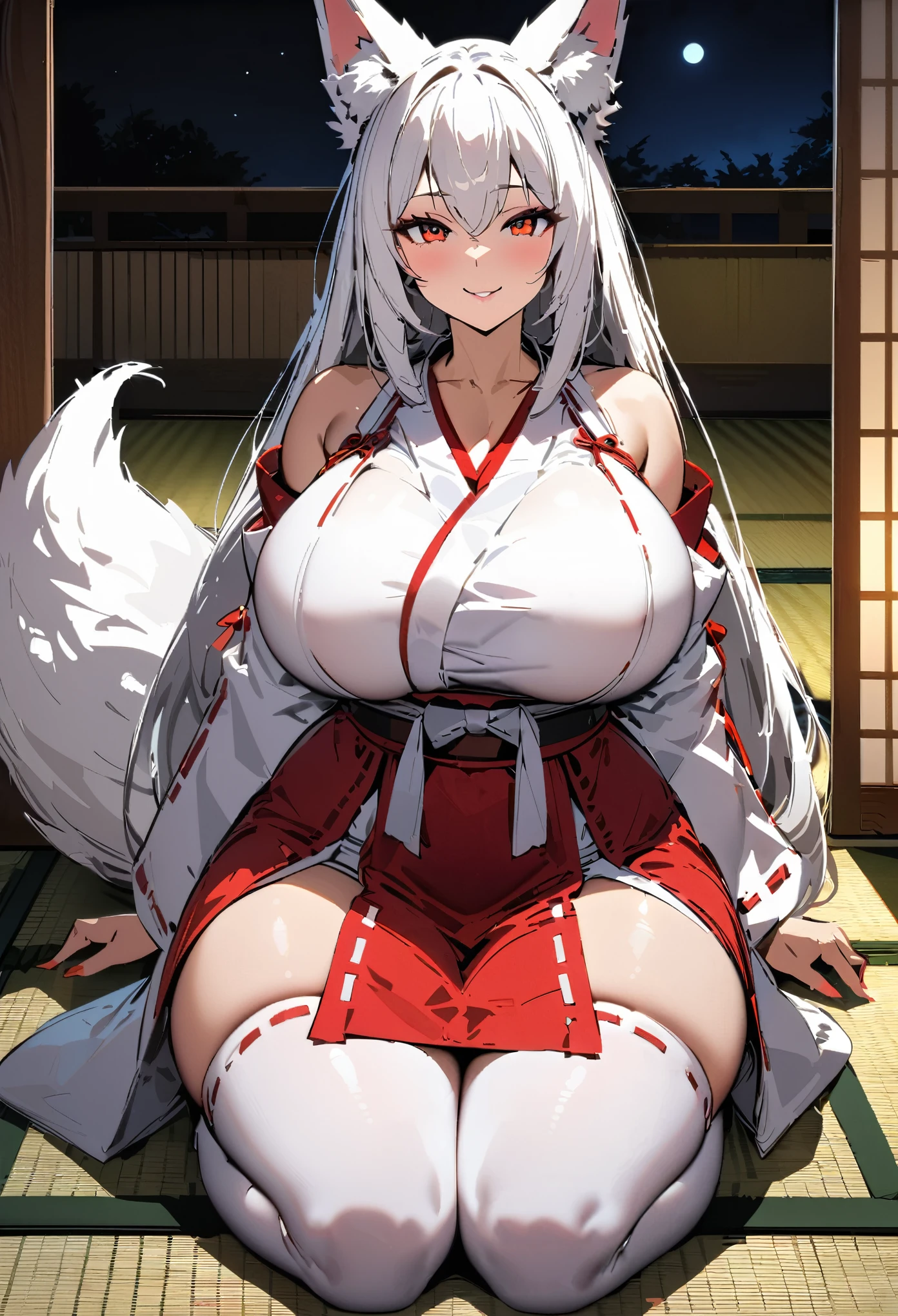 front view, 1girl, milf, woman, big breasts, wide hips, miko outfit, long back-length white hair, white fox tail, fox ears, kitsune, milf red eyes, full lips, smiling at viewer, sitting seiza, nighttime tatami room background, ultra-detailed, sketchy style, UHD, UHD, UHD