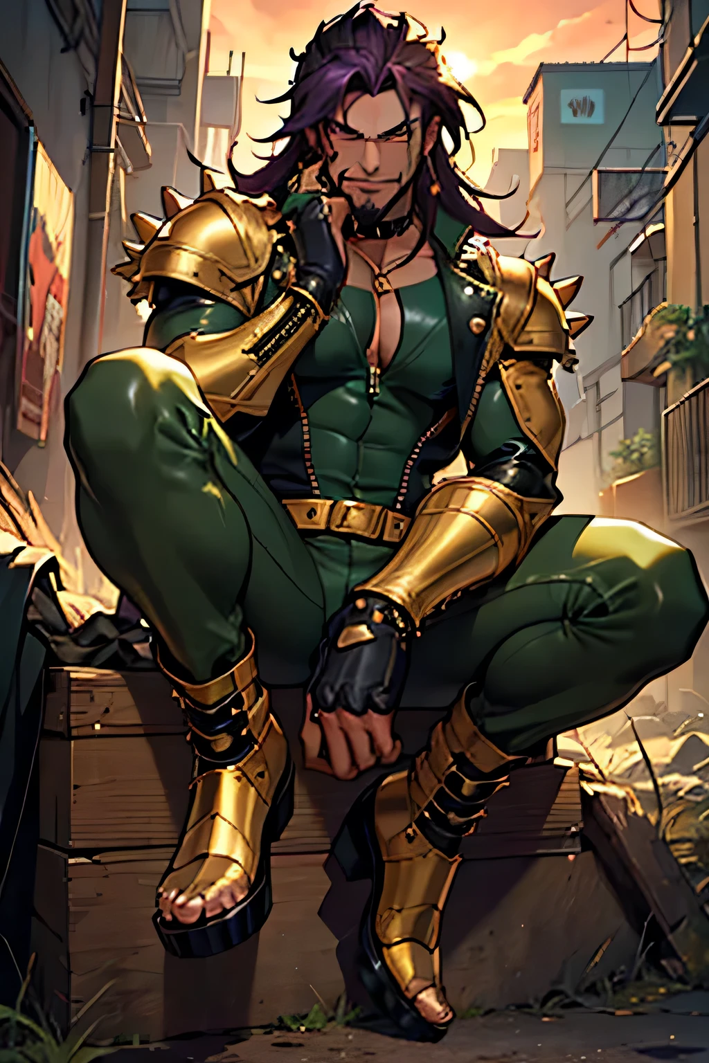 ((best quality)), ((masterpiece)), (detailed), perfect face, indian dark skin, very long dark purple hair, tinted sunset small circular sunglasses, leather dark green catsuit spikes, spiky shoulder pads with gold plate, spiky gold knee pads with angry faces, muscle, boob window, gold high heels with spikes, ripped pants, zippers on pants, chest hair, cleavage, spikes, rips, zippers, sunset iris eyes, playful, male, masculine, tight clothing, golden chains, gold jewelry , gold piercings, gold rings, leather gloves, dominant, sexy, dark green clothing, hairy, sports cap, dark green leather, monochromatic outfit, green leather, spikes belt, gold claws, open toe military boot, spikes choker, chin beard, crouching, anime main character, open toe, biker, cute,gay, biker catsuit, longer hair, green boots, gold claws, more zippers, smiling with teeth, smiling widely, young adult, open toe, golden gauntlets