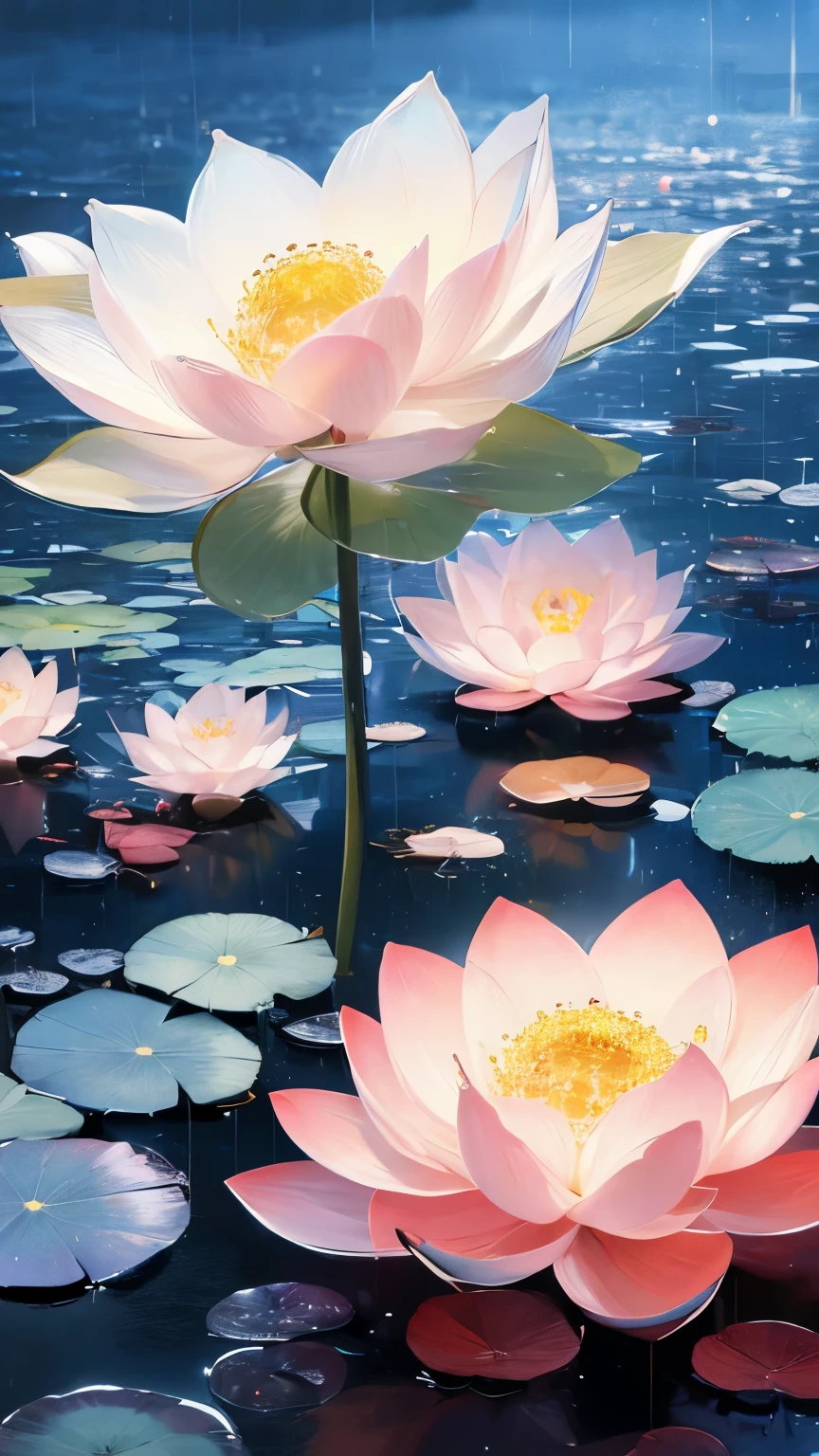 night, Only moonlight illuminates, Crescent Moon, Distant Mountain々, Beautiful large lotus nearby, Big red lotus, There is a water supply next to it, frog, Summer is full of joy, Crescent Moon in the sky mixed with stars, Awesome Wallpapers, rainy night, rainy night, Beautiful and beautiful, movie, High detail ((downpour))), 8k