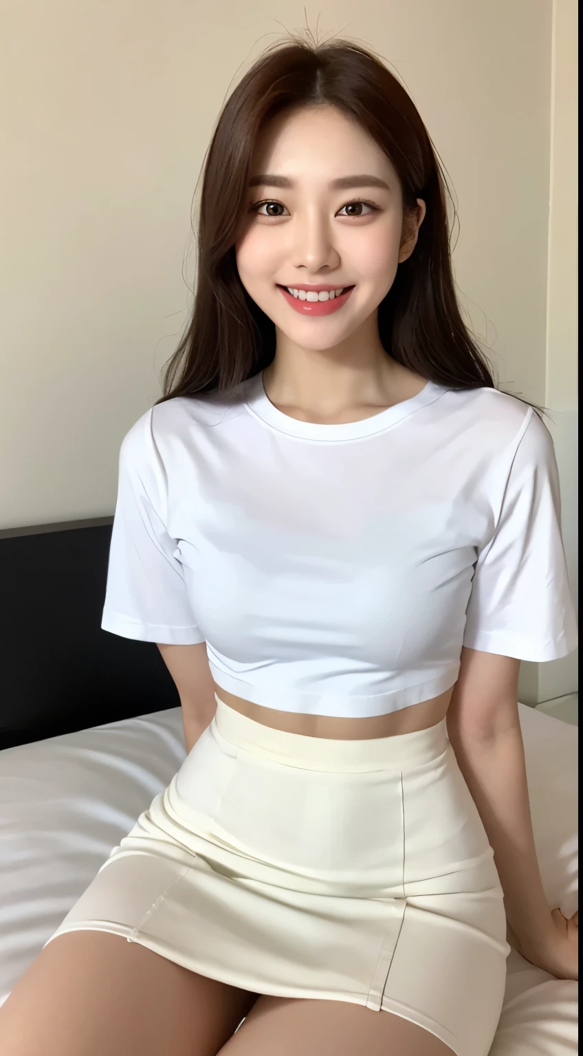 White tight shirt、White tight mini skirt、bed、smile、Short sleeve、high resolution、Korean idol face、double eyelid、White teeth