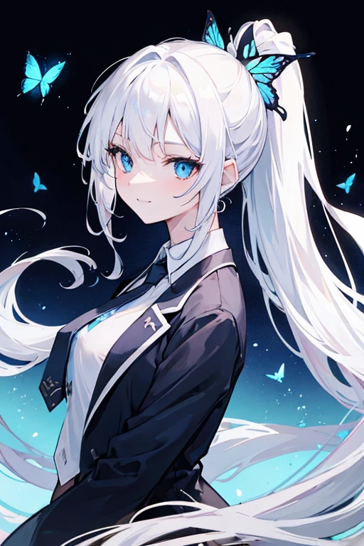 girl , White long hair,ponytail, darkblue eyes, slant eyes, black suit jackt, White dress shirt ,necktie,seductive smile,upper body,flying blue butterfly, blossom storm,looking back
