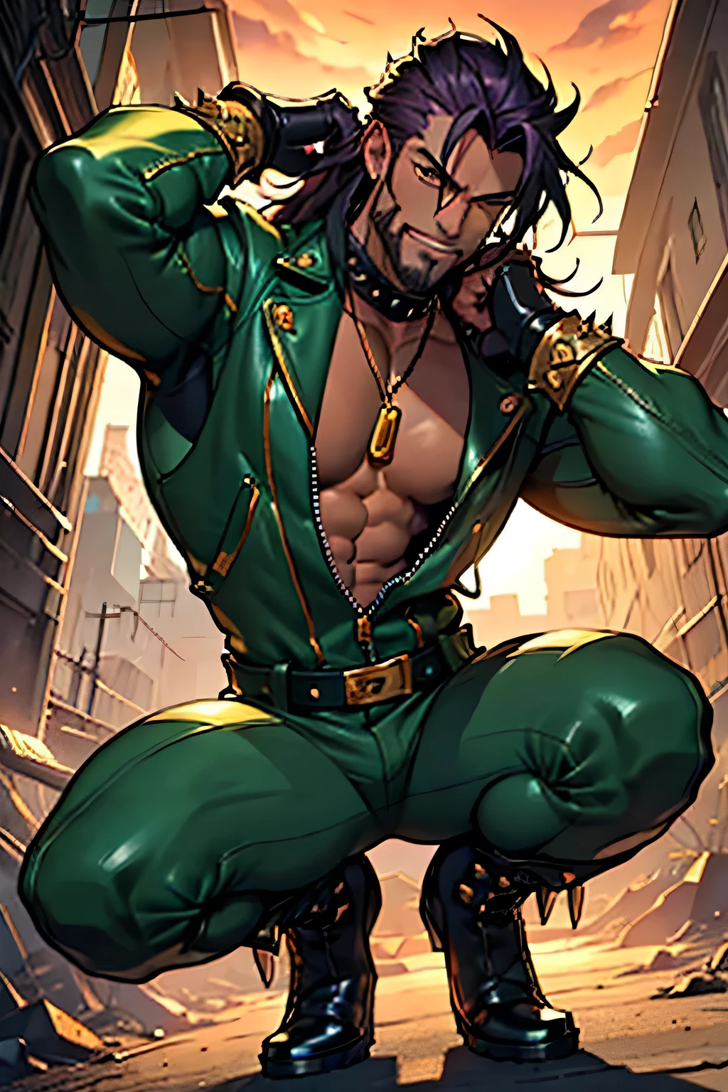 ((best quality)), ((masterpiece)), (detailed), perfect face, indian dark skin, very long dark purple hair, tinted sunset small circular sunglasses, leather dark green catsuit spikes, spiky shoulder pads with gold plate, spiky gold knee pads with angry faces, muscle, boob window, gold high heels with spikes, ripped pants, zippers on pants, chest hair, cleavage, spikes, rips, zippers, sunset iris eyes, playful, male, masculine, tight clothing, golden chains, gold jewelry , gold piercings, gold rings, leather gloves, dominant, sexy, dark green clothing, hairy, sports cap, dark green leather, monochromatic outfit, green leather, spikes belt, gold claws, open toe military boot, spikes choker, chin beard, crouching, anime main character, open toe, biker, cute,gay, biker catsuit, longer hair, green boots, gold claws, more zippers, smiling with teeth, smiling widely, young adult