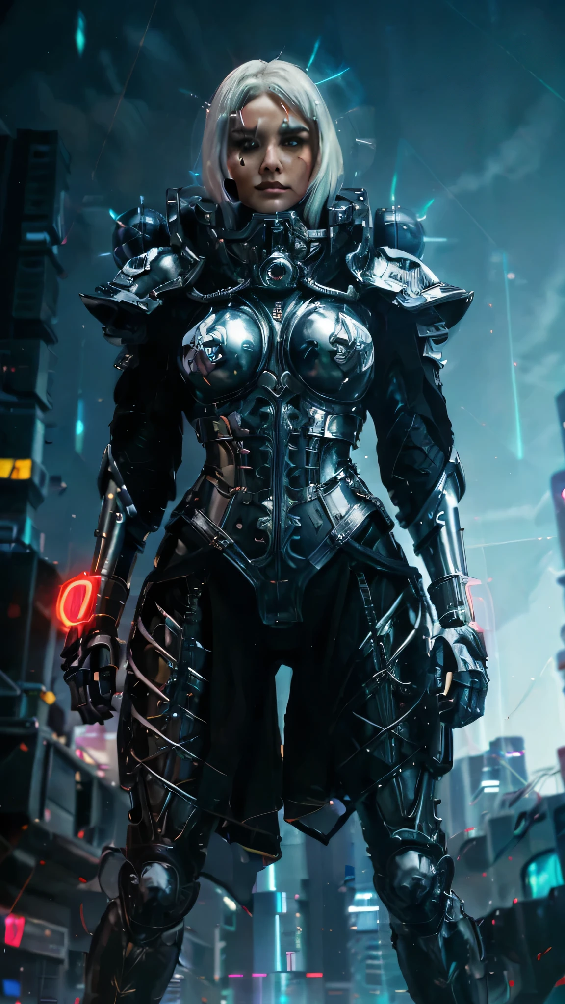 
Futuristic woman wearing a sleek silver jumpsuit embedded with light-up circuitry, standing confidently with her hands on her hips in front of a cyberpunk cityscape, neon signs flickering, holograms floating by, dusk sky overhead, urban and high-tech, digital painting, ultra clear, 8k, cinematic.
