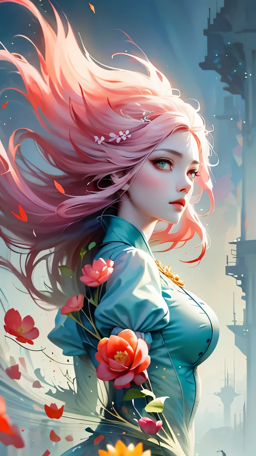 Official Art，unity 8k wallpaper，Very detailed，Beauty and aesthetic masterpieces，highest quality，（Tangled，Mandala，Tangled，enTangled），（Fractal Art：1.3），1 girl，Pink Hair，Green Eyes，内容はVery detailedです，Dynamic Angle，Cowboy Shooting，Chaos in its most beautiful form，elegant，Brutalist Design，Bright colors，，James Jean，Robbie Devi Antonio，Ross Tran，French Bacon，Michael Mraz，Adrian Genius，Petra Cortright，Gerhard Richter，takato yamamoto，Ashley Wood，Atmospheric，Ecstasy Notes，Streaming notes are displayed