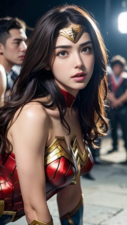 From the side,perfect wonder woman costume,Get on all fours,sleeping face,Close ~ eyes,Open your mouth,Tired face,Face of Suffering,sky face,sleeping face,Fight with the men,Surrounded by men,,caught between men,obsessed with men,Entanglement with men, Attacked by men,assaulted by men,Being bullied by a man,Sexually abused by a man,Captured by a man,Being restrained by a man、touch your face,、Hair is pulled hard,My head is grabbed,licked my hair,lick my face,brown hair, masterpiece、beautiful girl、fine 目、puffy eyes、highest quality, 超High resolution, (reality: 1.4), Cinema Lighting,so beautiful、Beautiful Skin、(super reality)、(High resolution)、(8k)、(Very detailed)、(beautiful and fine 目)、(Very detailed)、 Detailed face、slanted bangeshi hair、brown hair、20-year-old、Wonder Woman Cosplay,Wonder Woman's Tiara