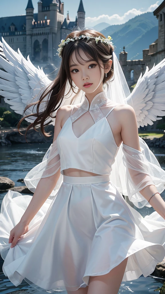 8k resolution,Angel,The halo on the head,float,Castle Background,White skin,,Asian,one person,,White tulle skirt