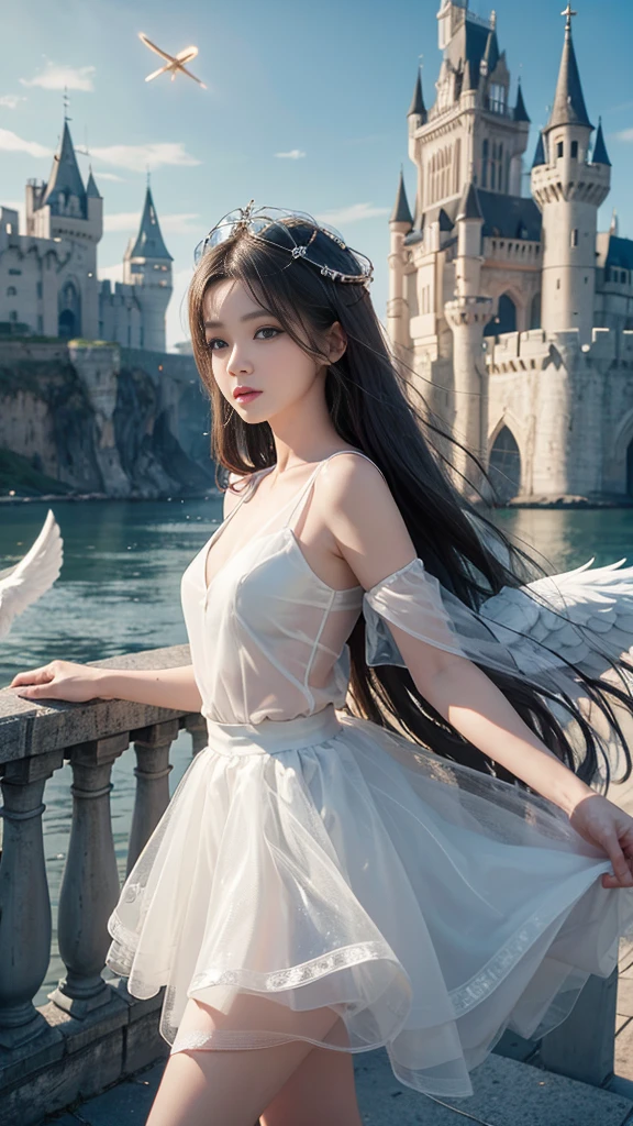 8k resolution，Angel，The halo on the head，float，Castle Background，White skin，，Asian，one person，，White tulle skirt