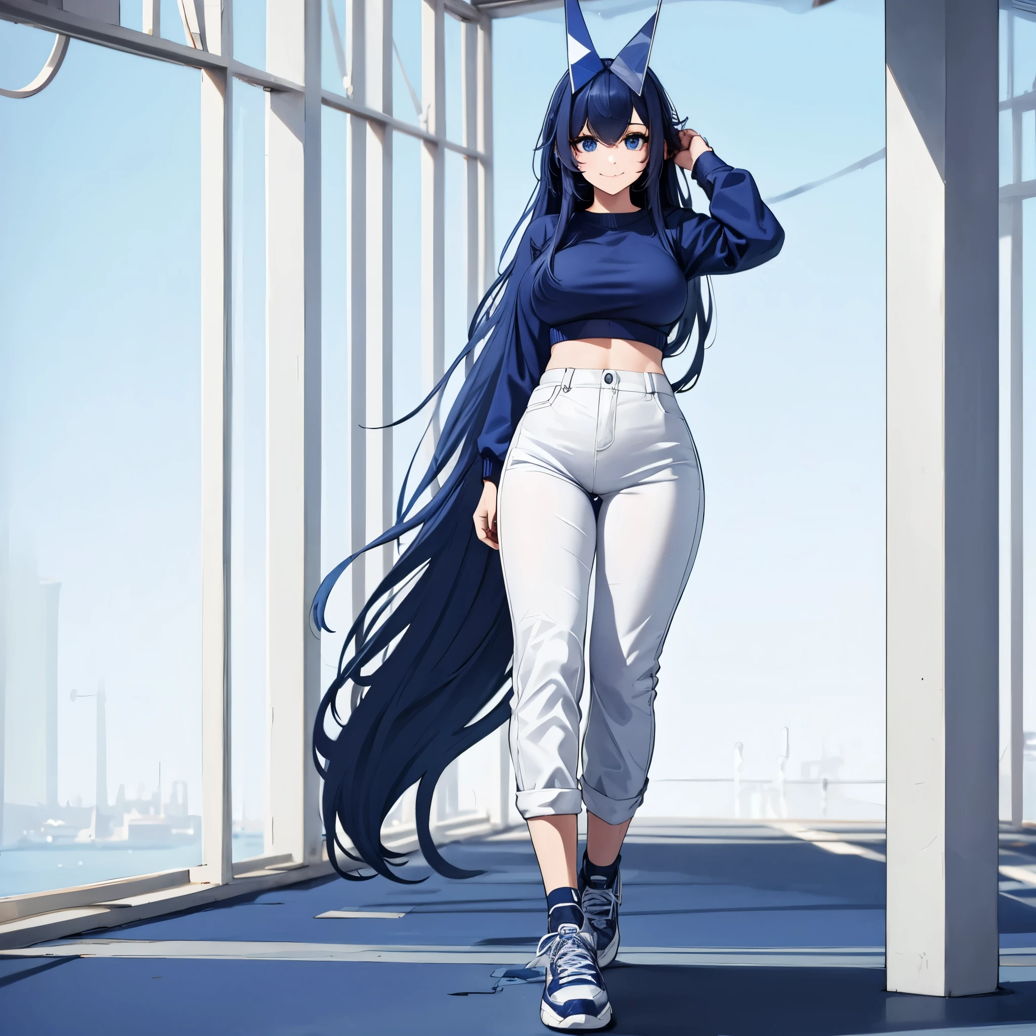 A woman wearing navy blue sweatshirt, long navy blue hair, blue eyes, smiling, wearing white pants, sports sneakers, walking on a futuristic white platform, with a background with white pillars,full body. shadow, flower, UHD, masterpiece, accurate, anatomically correct, textured skin, super detail, high quality, best quality, 8k, high resolution, bokeh effect. (woman solo)