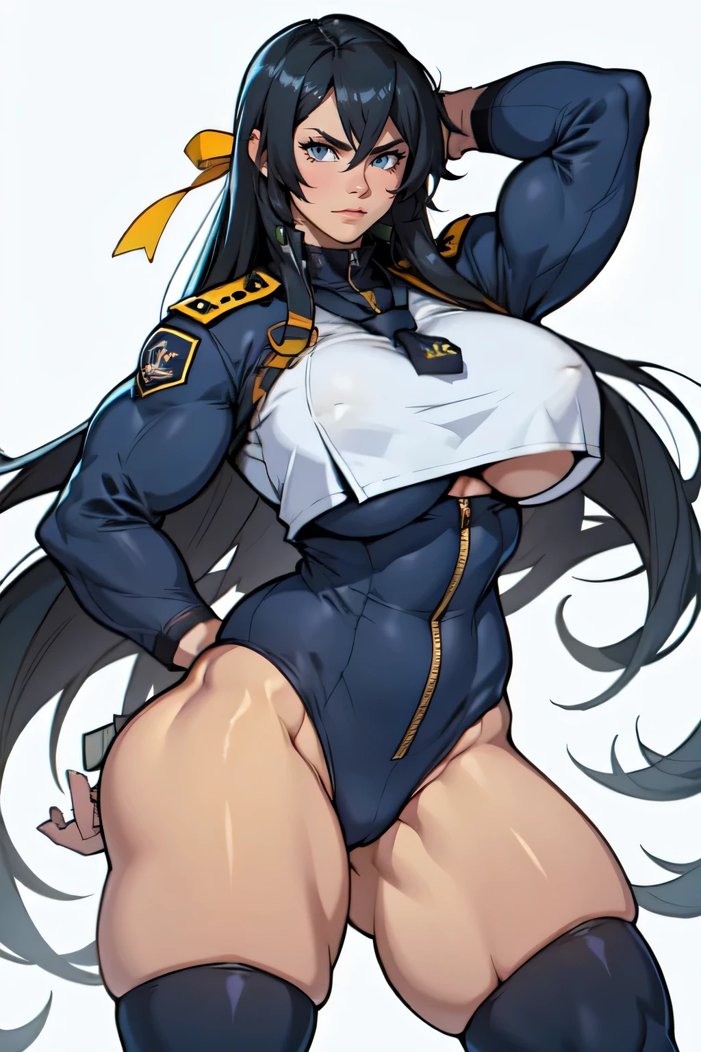 alone, 1 girl, (Very long hair), Black Hair, anger, Yellow eyes, white skin (Wide Hips、Thick thighs、Curvy, muscular, toned body、Bodybuilder、Huge boobs) (Navy uniform)