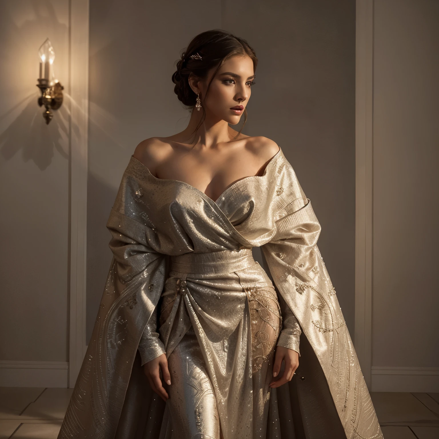 a woman in an evening gown posing against white walls, highly detailed portrait, cinematic lighting, dramatic angles, intricate fabric textures, luxury accessories, elegant hairstyle, alluring expression, photorealistic, 8k, ultra-detailed, masterpiece, dramatic colors, chiaroscuro lighting, glamorous, fashion editorial style