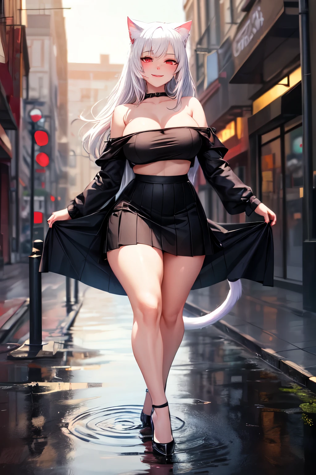 (best quality)), ((masterpiece)), (detailed), perfect face, white hair, white cat ears, white cat tail, DD cup breasts, thick thighs, crazy love eyes, glowing red eyes, smirking, black and purple off the shoulder top, flowing skirt, black heels, slightly blushing, holding a bloody knife, walking in a puddle of blood