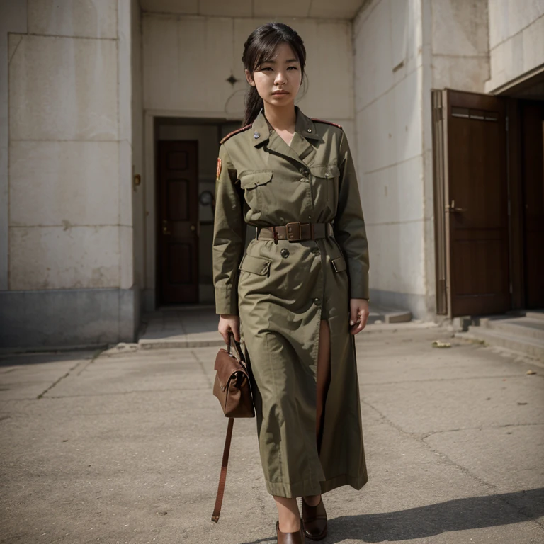 Beautiful 36-year-old female independence soldier in South Korea in the 1940s,long coat,Ultra 8K,Black and white photograph,