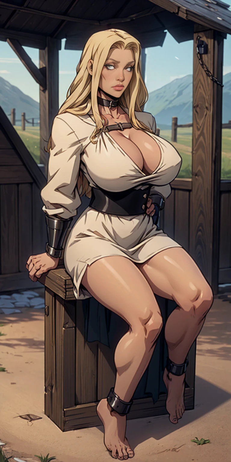 (Forrest:Face:LORA)(Curly Blonde Long Hair) full body, barefoot, solo, female, big breast, linen tunic, fantasy village, armor, Handcuffs on their hands with a collar around the neck, hands on hips, slave ((black choker, shackles on legs and arms))