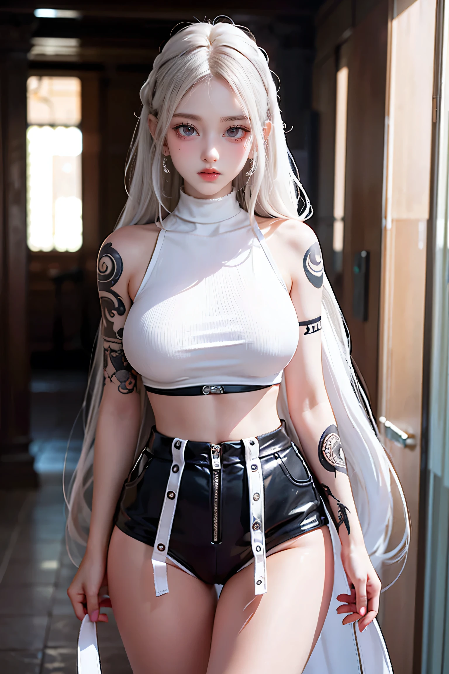 Beautiful female college student in the city,masterpiece,light makeup,Red Lip,Silver Hair,Disheveled long hair,Street Background,Grace,grace。Ultra-fine detailasterpieces,Authentic texture,Realism in film lighting,Perfect piece,8k,KHD,Delicate facial features,White skinny turtleneck top,White skin,Slim figure,Big bright eyes,Smooth skin,ear discharge,Choker Necklace,(((He has many tattoos all over his body)), (((Tight waist))), ((Big Breasts)),(See-through),(panties)