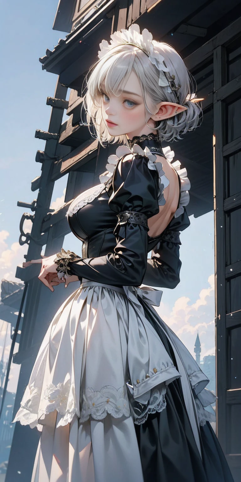 Elf girl medieval knight, standing, green hill with a clear sky. Detailed elf face, big breasts, short hair, silver hair, deep blue eyes. Wearing black Victorian maid armor, full silver armor, intricate armored. Cinematic lighting, masterpiece. by Yusuke Murata