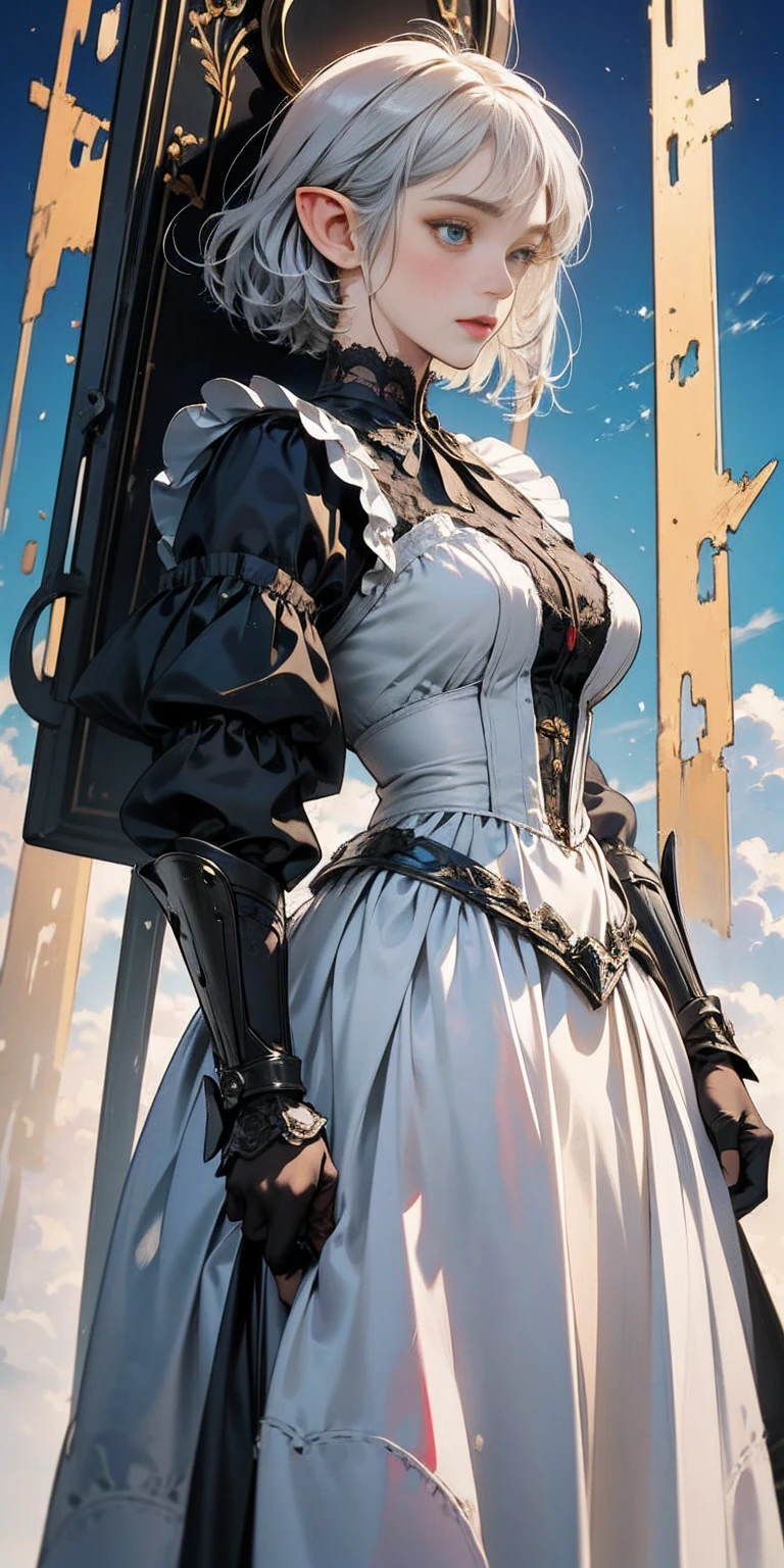 Elf girl medieval knight, standing, green hill with a clear sky. Detailed elf face, big breasts, short hair, silver hair, deep blue eyes. Wearing black Victorian maid armor, full silver armor, intricate armored. Cinematic lighting, masterpiece. by Yusuke Murata