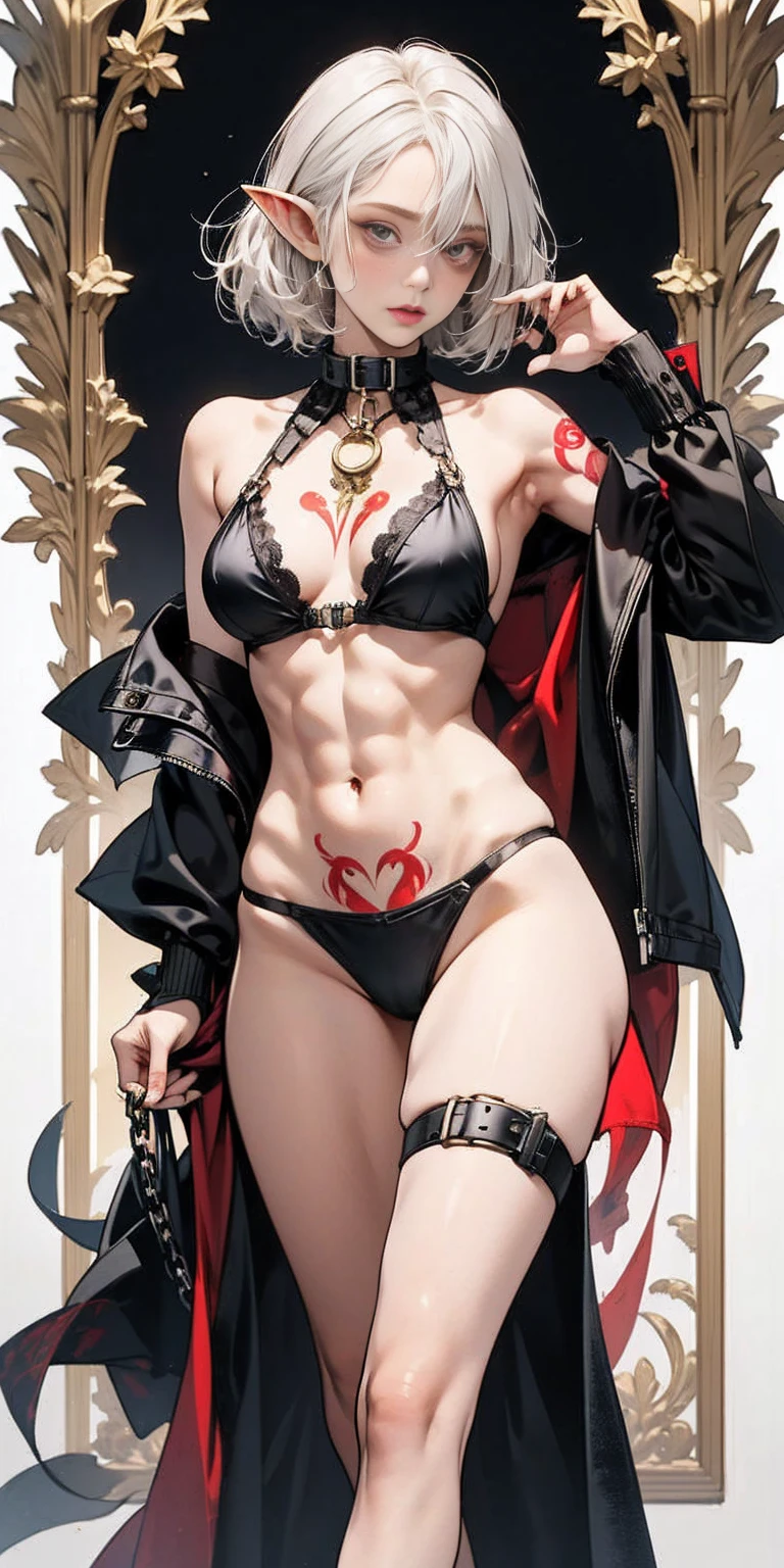 posing, grey skin, drow, elf, 1girl, mature, golden eyes, white hair, black bikini, abs, big knockers, tatter rags, chain collar, stomach tattoo (red tattoo) big breast