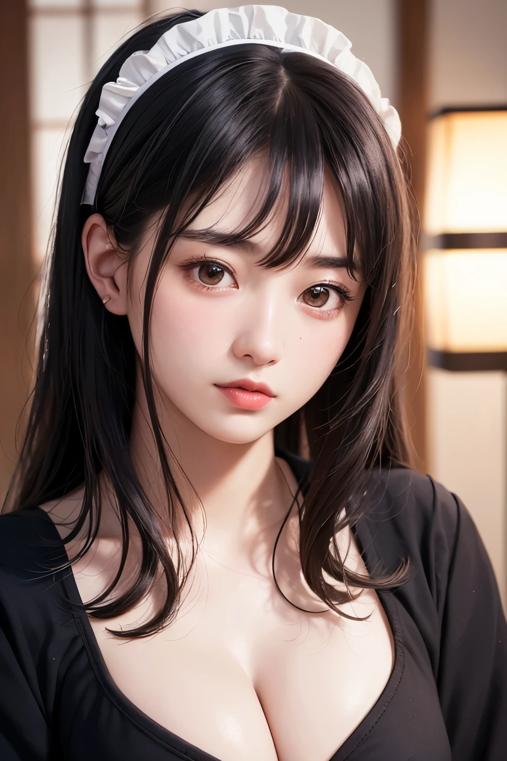 (1 nogizaka girl,raw photo,photo realistic:1.5),(best quality, high quality,HDR, highest quality,ultra high resolution,high resolution,high res,ultra high difinition,huge file size,8K,2K wallpaper,8K wallpaper,high quality texture,amazing,an extremely delicate:1.4),one girl, Japanese famous idol,beautiful face,small face,absurd,ridiculous,incredibly ridiculous,portrait,breasts close up,blurry background,(bikini,maid,cleavage,no makeup:1.2),medium skin,beautiful skin,detailed skin,small head,black hair,silky hair,(Japanese eyes:1.3),detailed eyes,black eyes,Japanese idol eyes,Japanese nose,5-fingers,(Light Particles, Lens Flare, Luminous Particles: 0.7),looking at viewer,bright lighting,professional lighting,girl