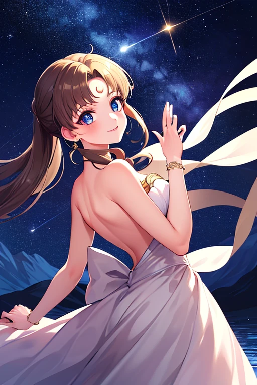((best quality)), ((highly detailed)), masterpiece, absurdres, (detailed eyes, deep eyes), (1girl), dynamic pose, long dark brown hair (to her back), smiling, Princess_white_strapless_dress_huge_back_bow_Golden_crescent_forehead_mark, (at a floating island, midnight, night sky, stars, moonlight, shooting star)