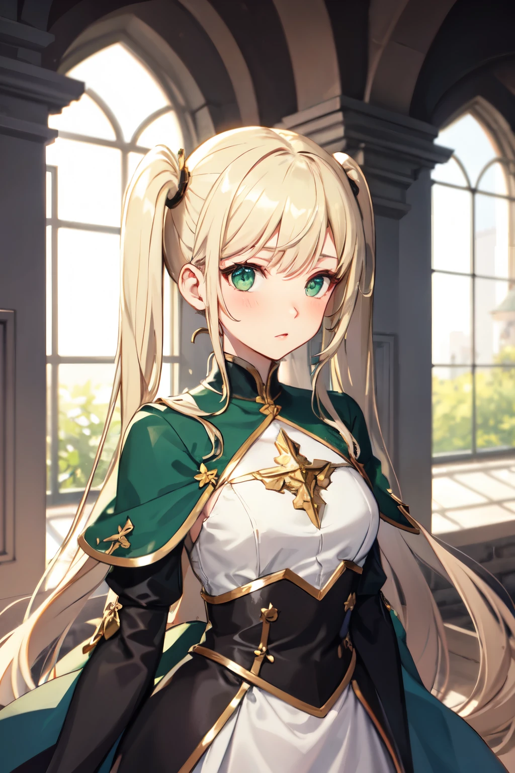 beautiful woman, blonde hair, with pigtails, green eyes, green cleric outfit, medium bust, inside the castle, blushing, high quality