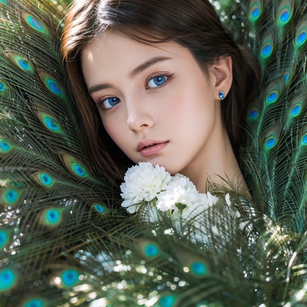 CG、Ultra HD、8k、The hair is a peacock、Japanese、Sleeping、Fantasy、blue eyes