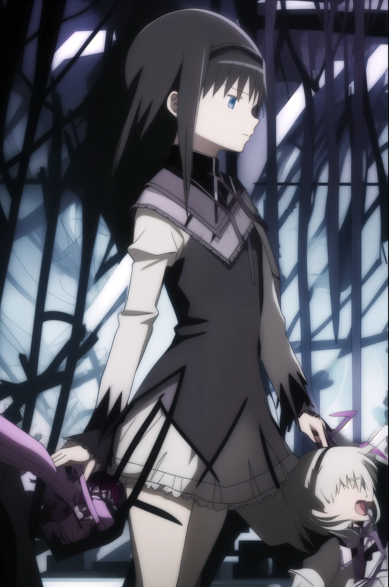 Homura Akemi,mahou shoujo,forma de garota magika,cabelo longo e preto,olhos roxos, olheiras,dark,emo,yandere girl,Gothic.gun in hand.