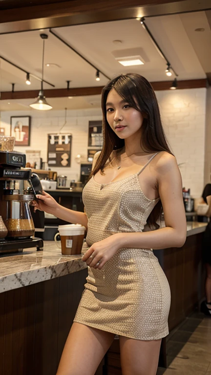 Taiwanese beauty,Dress sexy,At the coffee shop,appointment,Drink coffee,long legs,dress