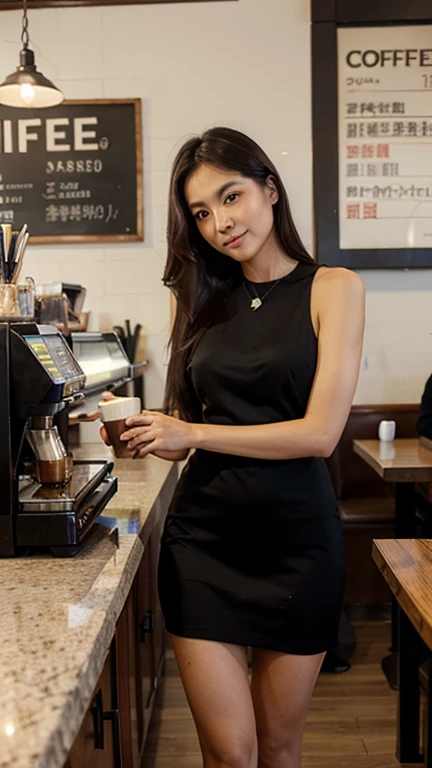 Taiwanese beauty，Dress sexy，At the coffee shop，appointment，Drink coffee，long legs，dress