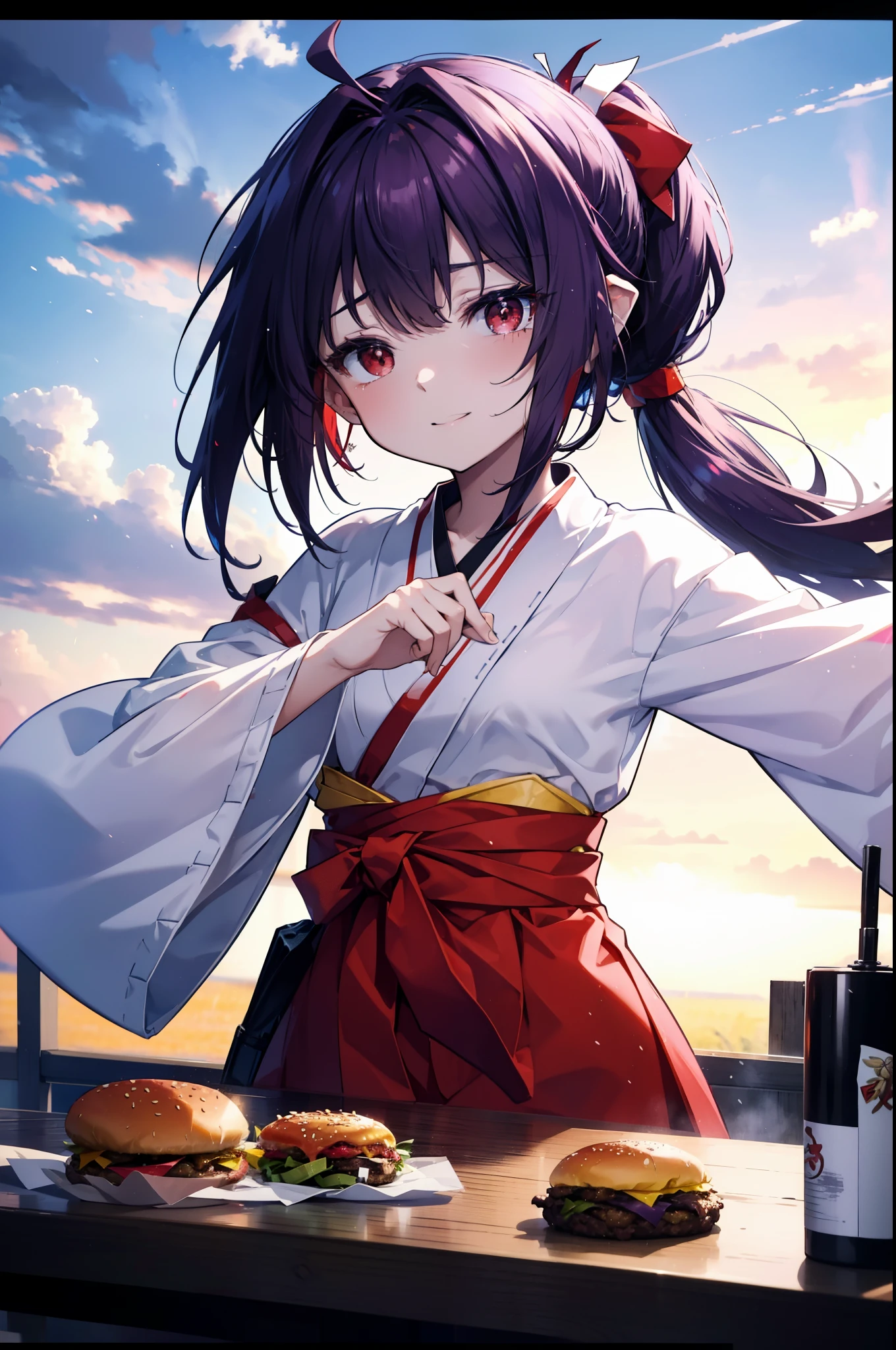 yuukikonno, Konno Yuuki, hair band, Long Hair, Pointed Ears, Purple Hair, (Red eyes:1.5), (Small breasts:1.2), Open your mouth,appy smile, smile, Shut your mouth.,
Bellflower,Shrine maiden,white kimono, Red too,kimono, Same as skirt, Wide sleeves, Long sleeve, Thick sleeves,Red too,White tabi,Sandals,Ribbon Trim Sleeve, Low Ponytail, noon,sunny,background,blue sky,The viewer is 星ing at a pile of burgers on a table., Are standing, 
break looking at viewer, Upper Body, whole body,
break indoors, Burger Shop,
break (masterpiece:1.2), highest quality, High resolution, unity 8k wallpaper, (shape:0.8), (Beautiful and beautiful eyes:1.6), Highly detailed face, Perfect lighting, Extremely detailed CG, (Perfect hands, Perfect Anatomy),