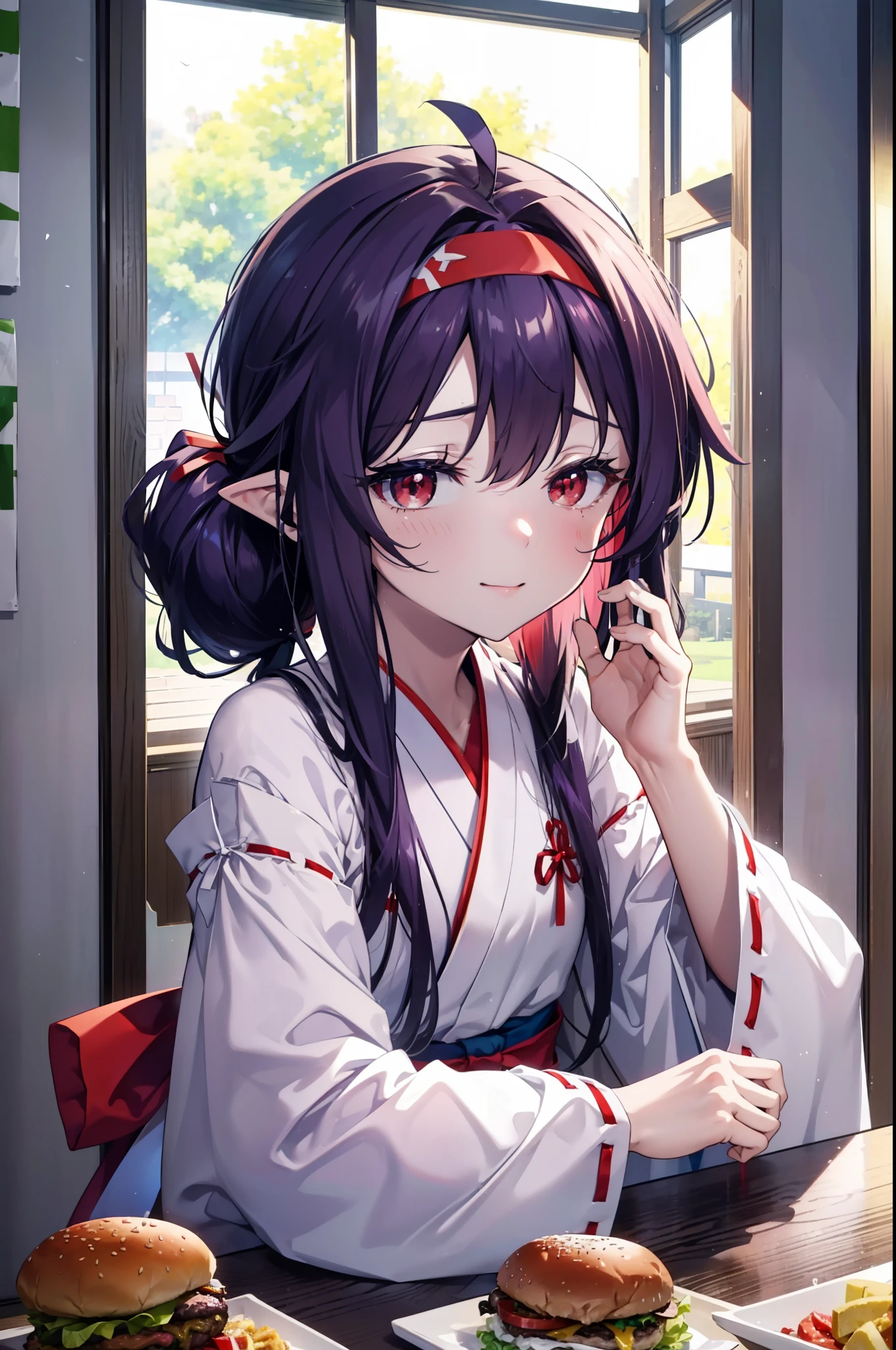 yuukikonno, Konno Yuuki, hair band, Long Hair, Pointed Ears, Purple Hair, (Red eyes:1.5), (Small breasts:1.2), Open your mouth,appy smile, smile, Shut your mouth.,
Bellflower,Shrine maiden,white kimono, Red too,kimono, Same as skirt, Wide sleeves, Long sleeve, Thick sleeves,Red too,White tabi,Sandals,Ribbon Trim Sleeve, Low Ponytail, noon,sunny,background,blue sky,The viewer is 星ing at a pile of burgers on a table., Are standing, 
break looking at viewer, Upper Body, whole body,
break indoors, Burger Shop,
break (masterpiece:1.2), highest quality, High resolution, unity 8k wallpaper, (shape:0.8), (Beautiful and beautiful eyes:1.6), Highly detailed face, Perfect lighting, Extremely detailed CG, (Perfect hands, Perfect Anatomy),