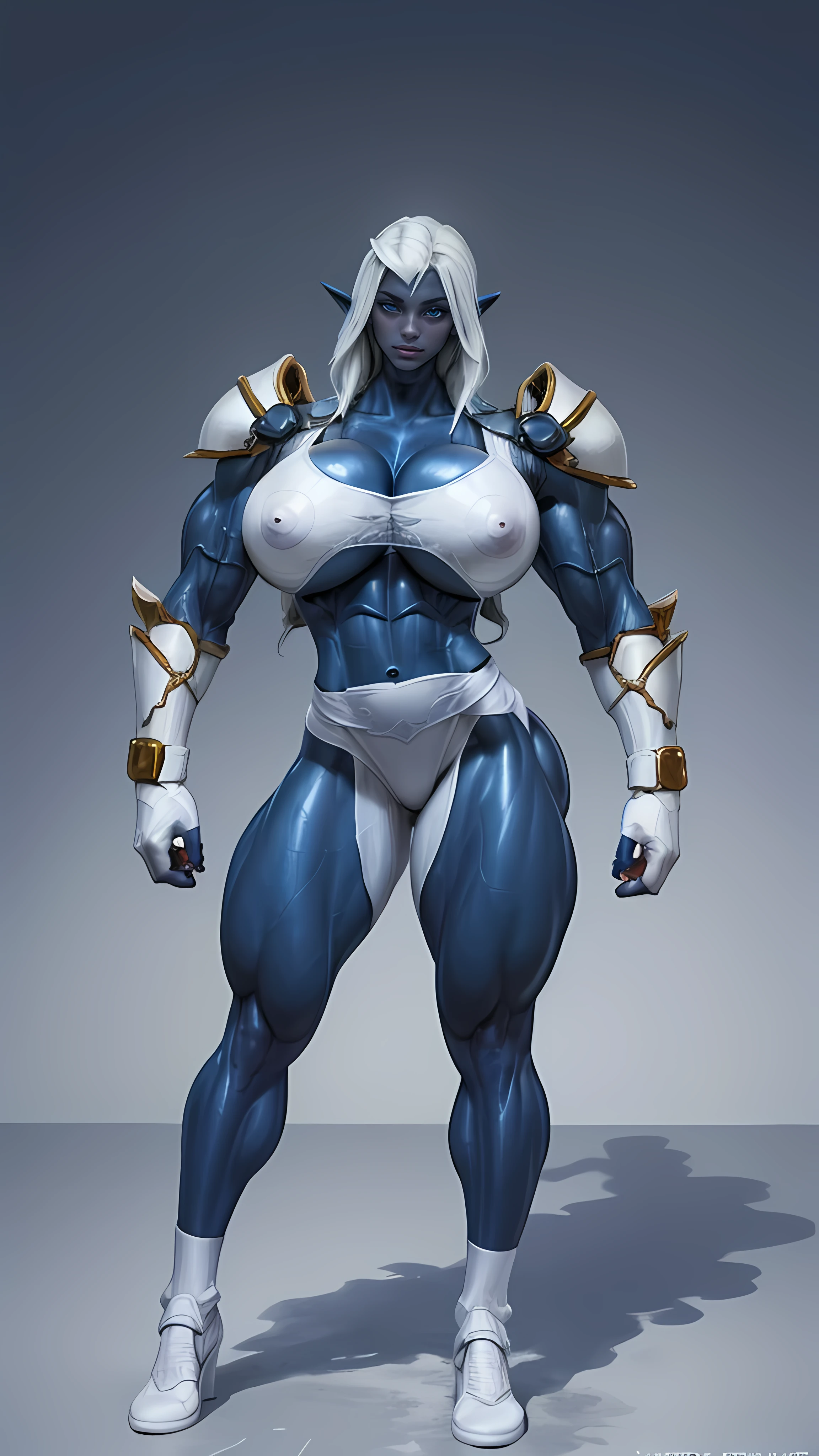 (((1girl:1.8))), (((massive female bodybuilder:1.5))) sehele style, anime style, (((dark elf))) (((blue skin:1.5))) (((smoldering eyes))), 8k, 4k, Unreal Engine 5, octane render, trending on pixiv, fanbox, skeb, (((white armor:1.5))), masterpiece, ((8 pack abs:1.2)),(((huge breasts:1.5))), (full body), (((wide hips))), (full lips:1.5), smooth soft skin, big dreamy eyes, beautiful anime wide eyes, soft lighting, concept art, digital painting,