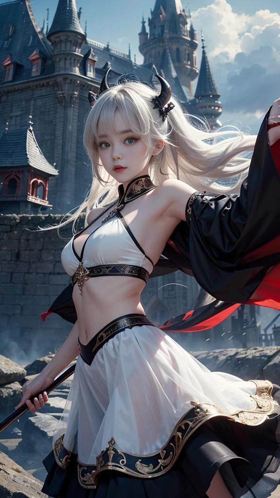 8k resolution，demon，The formation on the head，float，Castle Background，White skin，，Asian，one person，Black tulle skirt