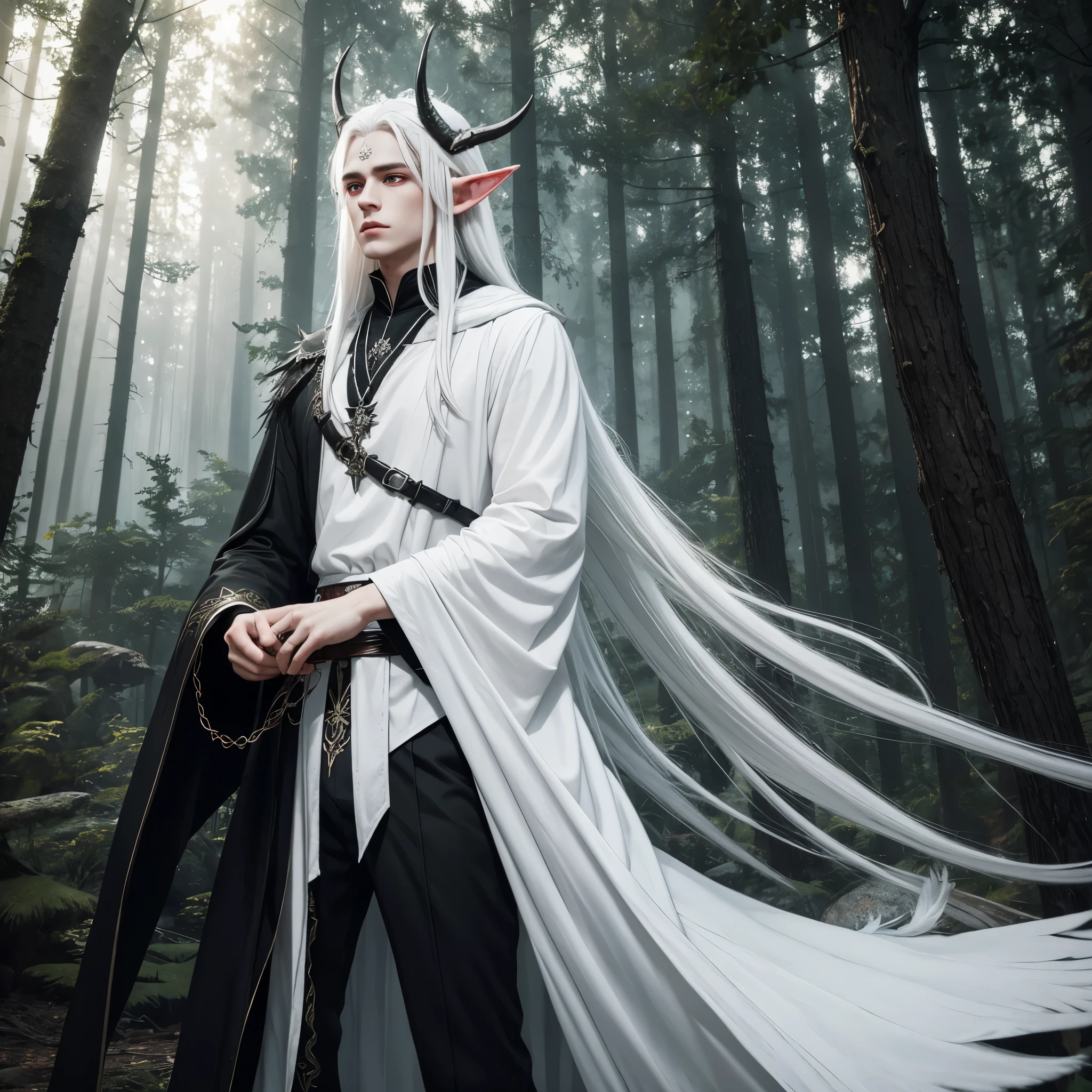 High quality, celestial, enchanted, 1boy, white hair, red eyes, black feathers, forest, long ears, elf, wwhite dress, black pants, white wolf, horns