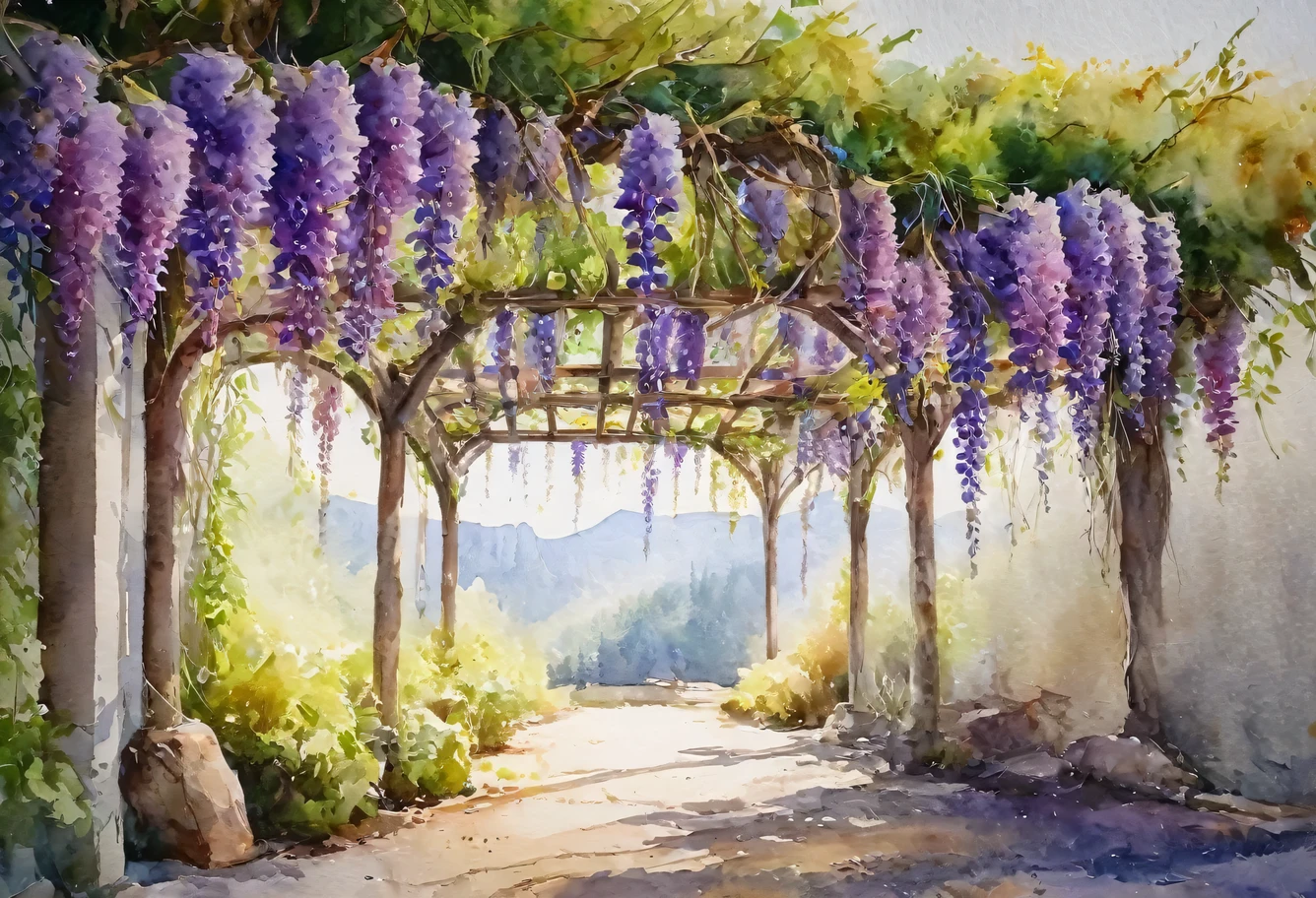 Watercolor Landscape, Wisteria trellis-lined avenues, stunning numbers of flowers, breathtaking beauty, sunshine pouring down, gentle breezes, (Masterpiece), (Best Quality), (Ultra high Detailes)