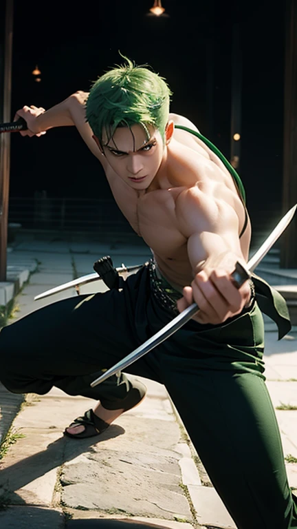 Perfect picture of green hair roronoa zoro with his 3 swords in hd quality.in action 