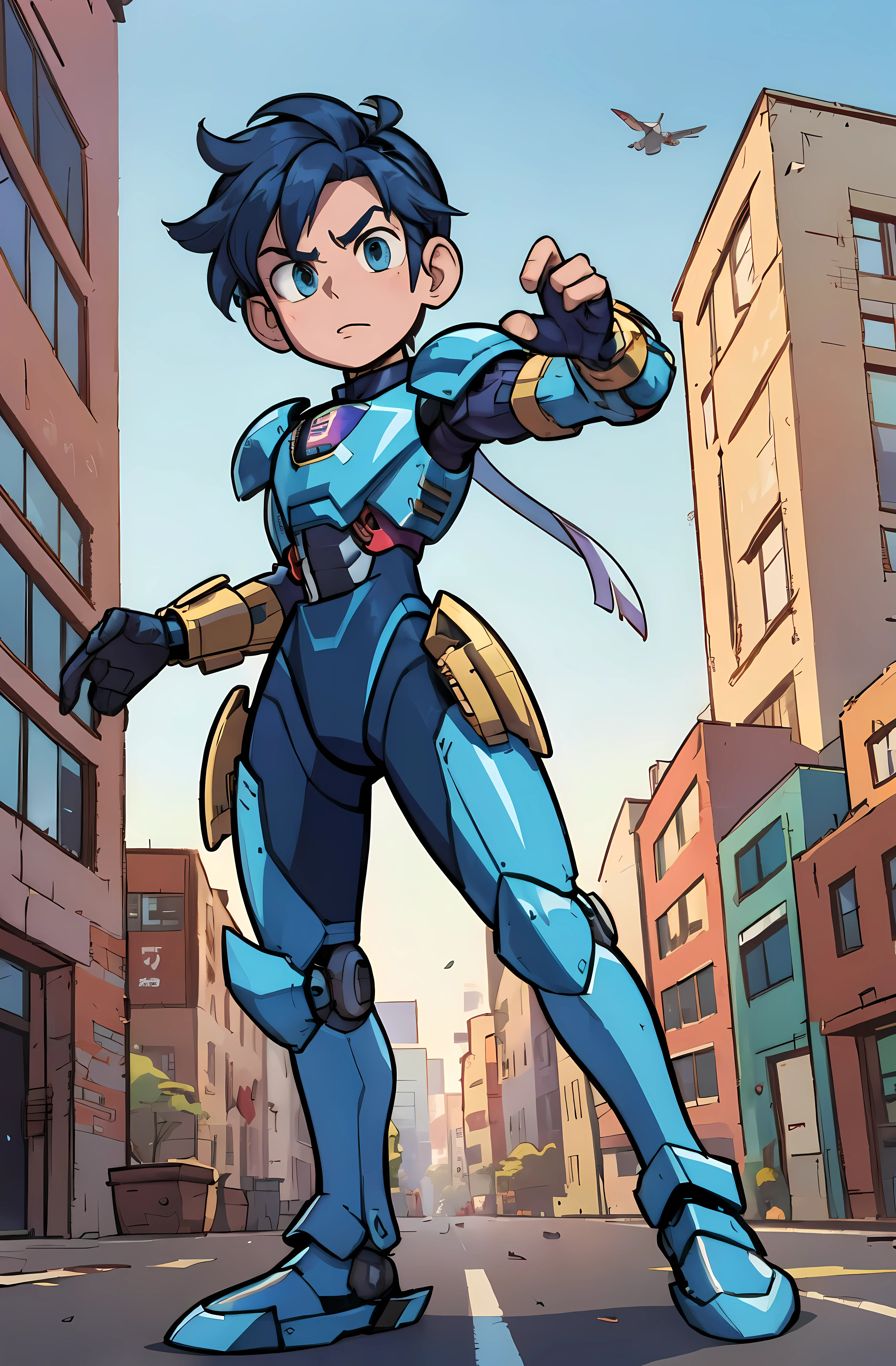 Imagem detalhada de desenho animado de um jovem em um armadura azul e dourado, boy with mecha cybernetic armor, garoto de armadura, nanoboy, Hero 2d Fanart Artsation, cyber fight armor, megaman, epic comic book style, ciborgue, garoto de anime do futuro, linda garoto ciborgue, cyber suit, Terno Mecha, android hero