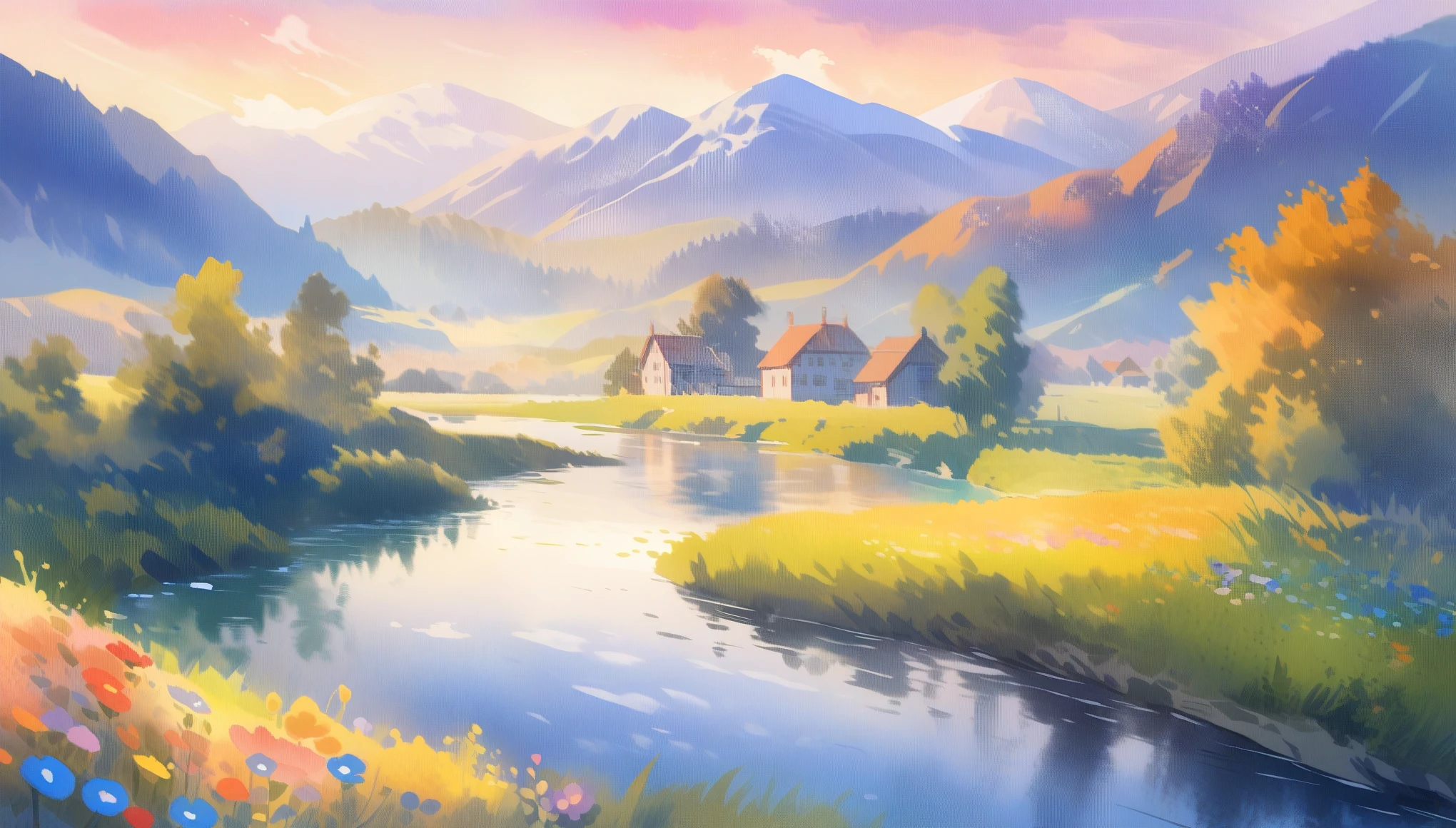 a peaceful watercolor landscape, mountains in the background, a winding river flowing through a lush green meadow, colorful wildflowers dotting the scene, a warm golden sun illuminating the tranquil atmosphere, soft brushstrokes creating an impressionistic style, vivid colors blending seamlessly, a sense of calm and serenity,ultra-detailed,(watercolor painting),landscape,impressionism,vibrant colors,natural lighting,soft focus,plein air,atmospheric perspective