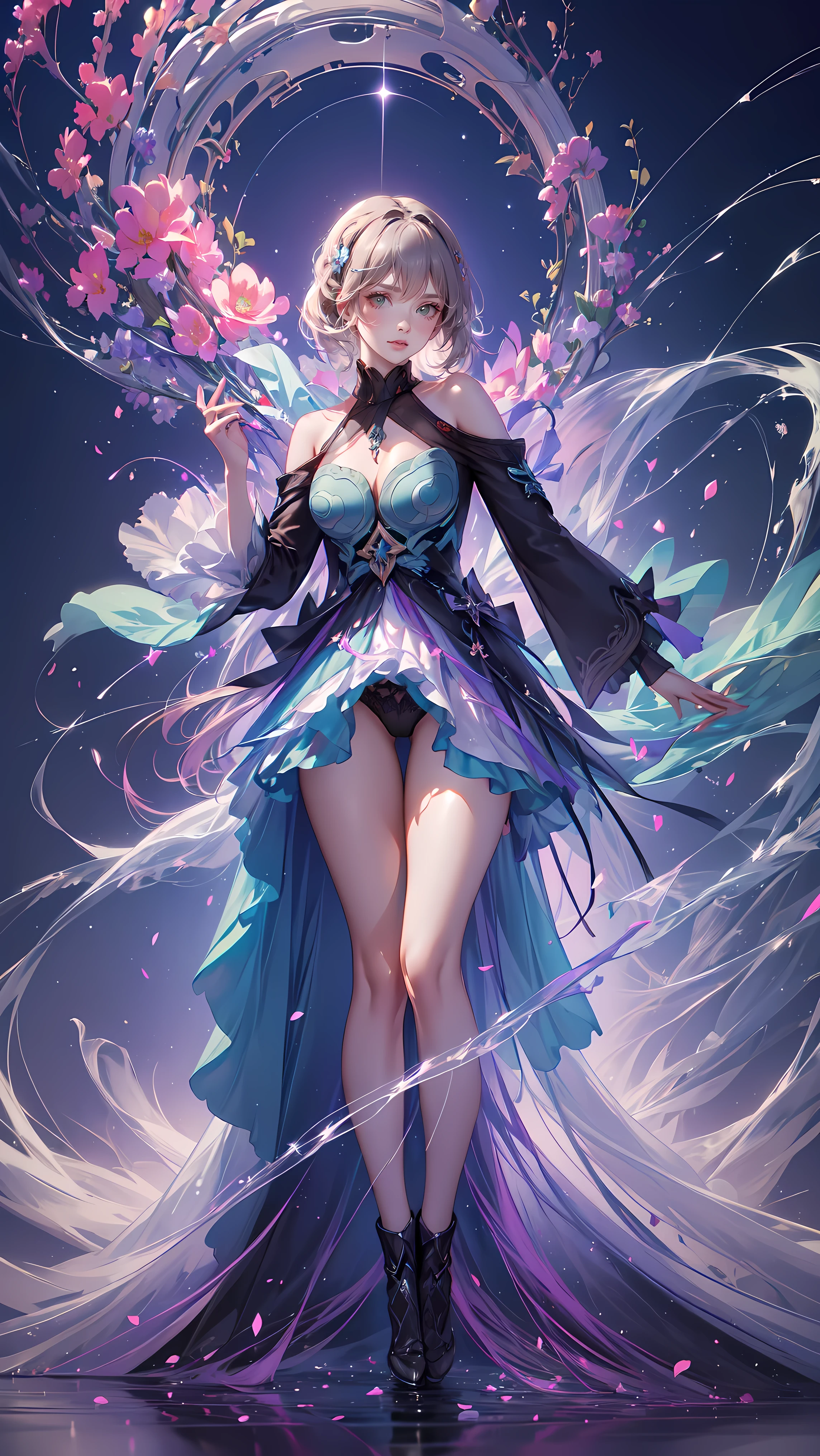 (((FULL BODY POSE))) (((SHOW PANTIES))) (((BIG GIANT BOOBS))) ((ANATOMY CORRECTED)) ((GREEN LUXURY ARISTOCRATIC NOBLE COSTUME)) | A WOMEN WEAR ((SEXY OUTFIT)) ((BROWN SHORT HAIR WITH PURPLE HIGLIGHT)) FLOATING IN THE ((BLUE SKY BACKGROUND)) ((FLOWER PETALS FAILING BACKGROUND IS A BLUE SKY)))) HORIZON PLANET FULL OF (((STARS))) | big eyes, ((big boobs)) sexy pose, big thigh, full body, large breasts, open legs, show panties, smile, portrait knights of zodiac, extremely detailed ((pixiv arts)), high detailed official artwork, [ tarot card ]!!!!!, detailed key anime art, knights of zodiac anime, beautiful celestial mage, firefly from honkai star rails, full body | (dynamic angle:1.1), outline, ((thick line art)), cover, stylish, official art, (details:1.2), (fantasy), garden, (bloom:1.1), glow:0.2, shadow, nature, flower, splash water, crystal, snowflakes, particles, bokeh, anamorphic light (depth of field), sharp focus, (volumetric lighting), (bokeh:0.6), film grain:0.4, (soft lighting:1.1) (VIGNETTE:1) | high-quality, ultra-detailed illustrations, ultra-high resolution, (high resolution, overwhelmingly pixel-perfect, luxurious illustration), (Ultra Quality, Masterpiece, Ethereal:1.4) photorealistic:.1.4, UHD (8k, RAW photo, best quality, masterpiece:1.2)