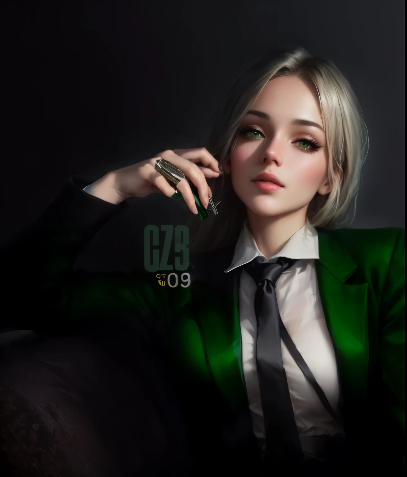 there is a woman in a green suit and tie holding a cell phone, DeviantArt Artstation CGScosidad, pintura digital de estilo, obra de arte al estilo de guweiz, fanart de alta calidad, pintura digital de alta calidad, 2b, 2 segundo, pintura digital elegante, pintura digital 8k, realistic art style, [ arte digital 4k ]!!