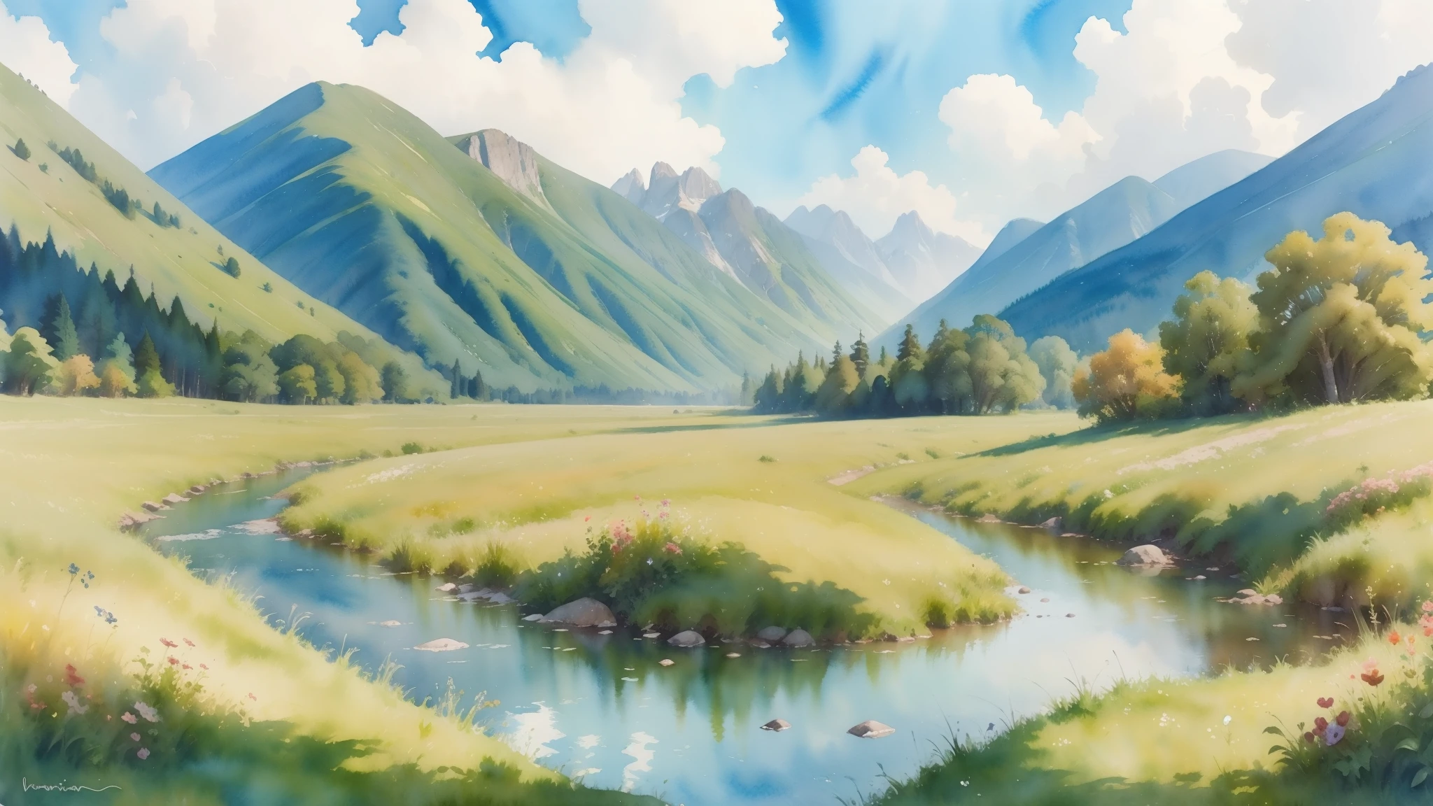 a peaceful watercolor landscape, mountains in the background, a winding river flowing through a lush green meadow, colorful wildflowers dotting the scene, a warm golden sun illuminating the tranquil atmosphere, soft brushstrokes creating an impressionistic style, vivid colors blending seamlessly, a sense of calm and serenity,ultra-detailed,(watercolor painting),landscape,impressionism,vibrant colors,natural lighting,soft focus,plein air,atmospheric perspective