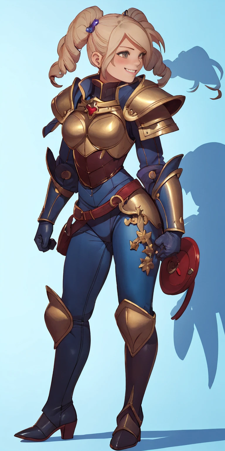 full body sitting on a bench showing ass to me, BLUE breastplate, BLUE skin (1girl)(BLUE skin:1.2) looking at viewer, shiny, armor, thigh highs, high boots, pauldrons shoulder armor, faulds, poleyn, gloves, gauntlets, rerebrace armored boots, (masterpiece, best quality, ultra-detailed, best shadow) yordle pointy ears muscular lean platinum blonde long twin-tails hairstyle at the office lustful smirking smile face red blushed, blush, strong abs, female body builder, tiara, twin drills hair