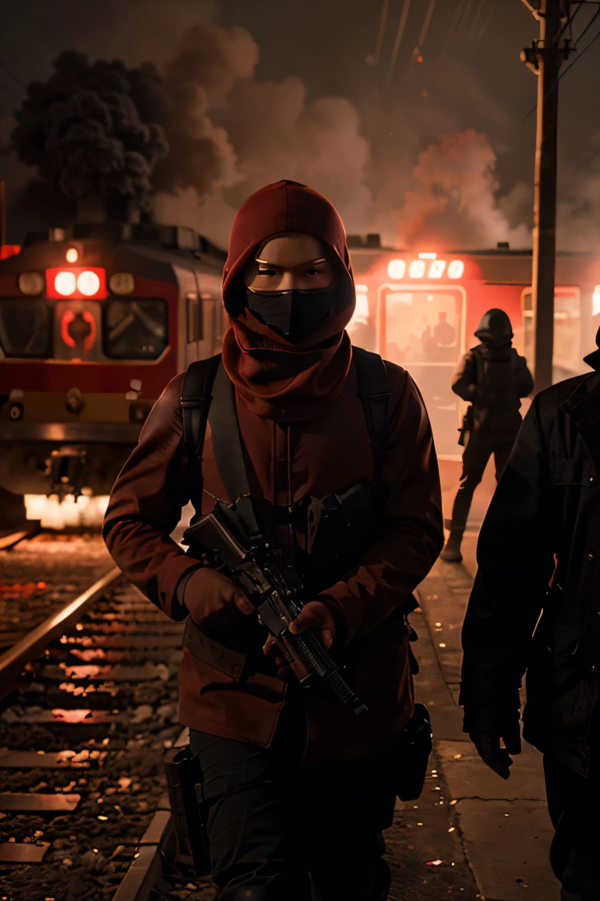 Train with red lights and balaclava-wearing bandits armed with rifles walking around in red smoke