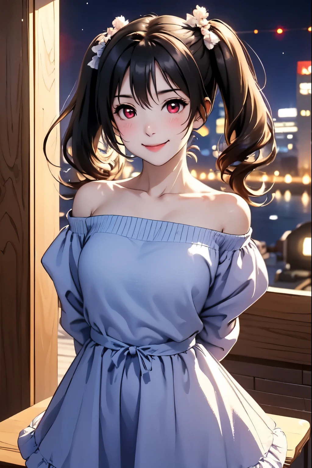 High resolution, highest quality、super high quality,3D Images、Niko_Yazawa、Red Eyes、Closed Mouth、Absolute reference to the center、Cute no matter who looks at it、Arms behind back,clavicle, Off the shoulder, Sweater dress,Party Dresses、Twin tails、Absolute reference to center、whole body, alone,Cinematic lighting、smile、blush、Beautifully styled hair,Cowboy Shot、Thighs