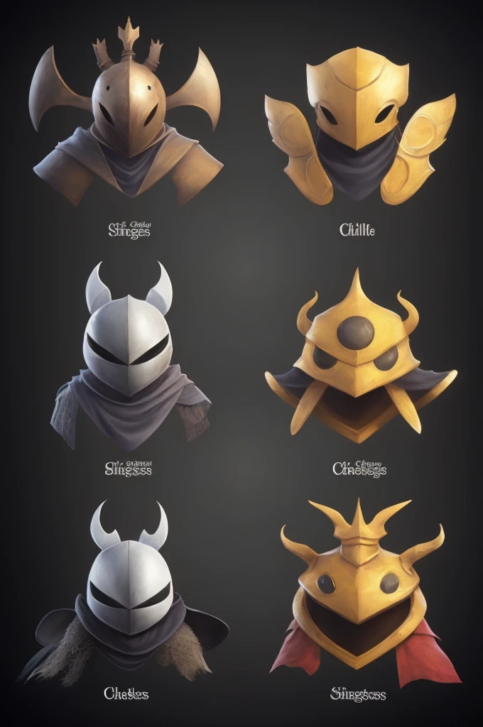 a close up of a bunch of cartoon characters with different armors, dark souls style, dark souls art style, fromsoftware, in style of dark souls 3, dark souls character, darksouls, dark soul concept, dark souls inspired, dark souls 3 themed, from software game, dark souls, dark soul, dark souls art, dark souls knight, dark figurings,Hollow Knight art applied to Elden Ring, create Elden Ring, dark souls characters armors with Hollow Knight aesthetics, cartoon chibi. inspired by chess pieces. Helmet.