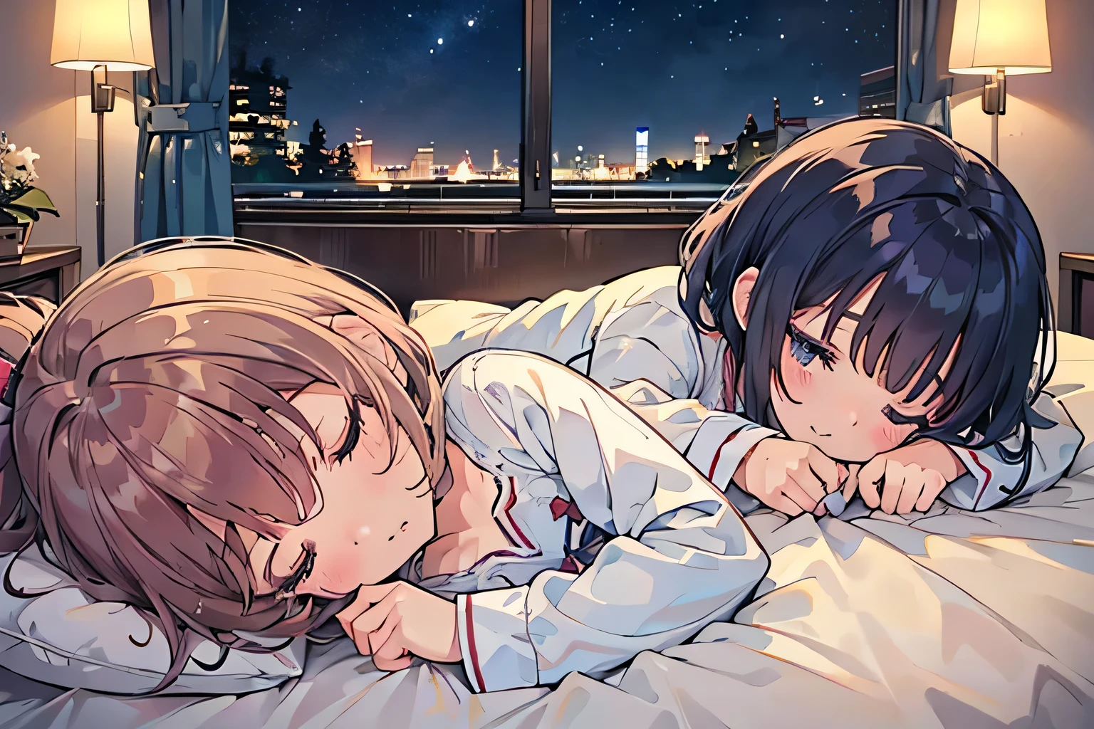 highest quality、High resolution、Detailed Background、(Beautiful face in every detail:1.4)、Teenage beauty、(Two women:1.3)、Highly detailed face、Cute hair colour、ponytail、Bobcut、Cute hairstyle、well-groomed eyebrows、Cute gestures、Inside the sleeper train、Train Travel、Cute pajamas with minimal exposure、(Fit on one screen)、

(The girls sleep soundly:1.5)、

At night, the girls go to their beds.、
The way he curls up and breathes in his sleep makes him look like a little angel.、
As the train continues to run gracefully、The girls fall into a peaceful sleep、

Orient Express、A traditional sleeper train running from east to west across Europe、Elegant interior decoration and high-quality service
