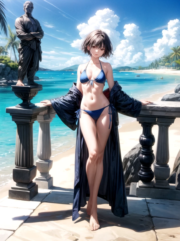 High school student、Scroll swimwear、HugeBoobs、beautifull face、short-hair、The pubic area is clearly visible from the top of the swimsuit、opening legs、Japanese people、((backgrounds)) Rooftop Pool、(8K、Raw photography、Masterpiece) --auto