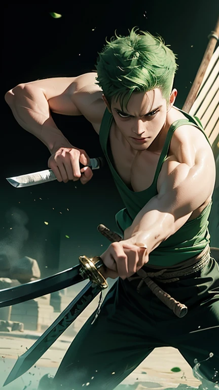 Perfect picture of green hair roronoa zoro with his 3 swords in hd quality.in action 