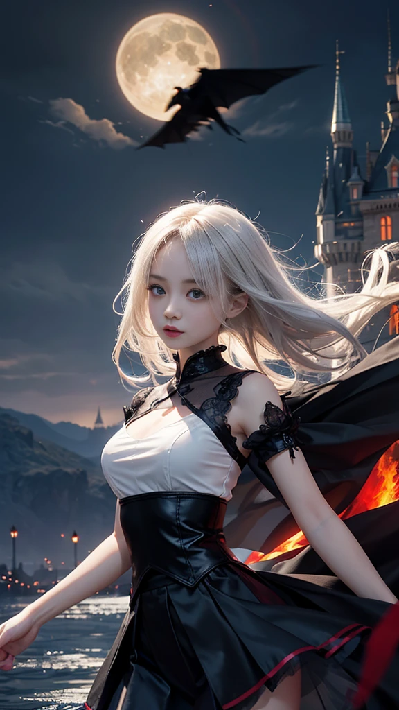 8k resolution,demon,The formation on the head,float,Castle Background,White skin,,Asian,one person,Black tulle skirt